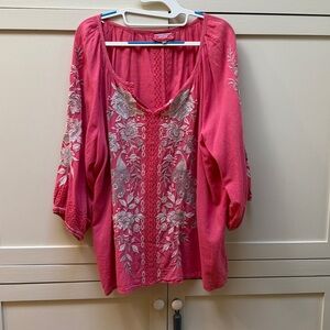Johnny Was Salmon Pink Top with White and Beige Embroidery - XL